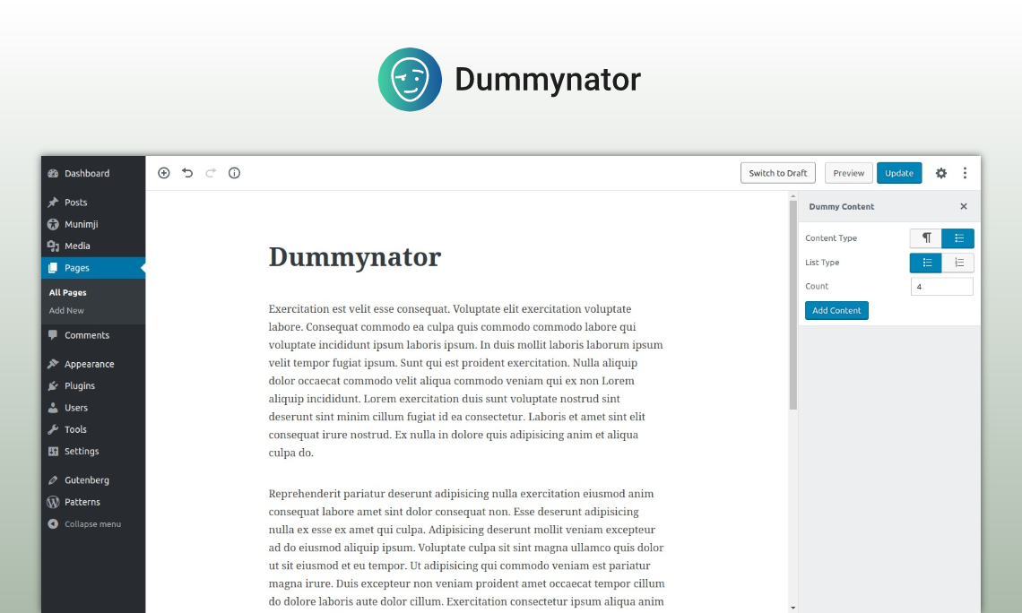 Dummynator – Insert Blocks With Dummy Content To Gutenberg
