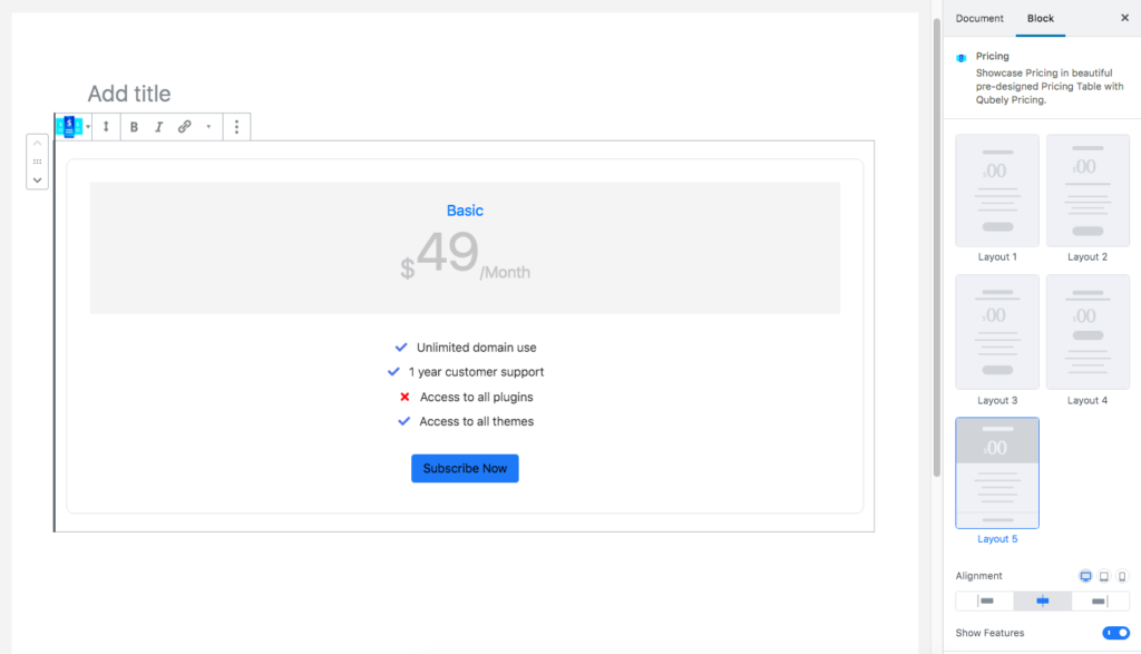 Qubely pricing block